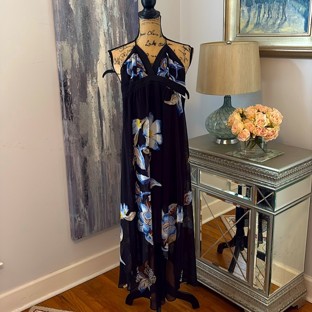 WHBM New NWT black blue floral halter summer cruise wedding guest dress XXS 0P